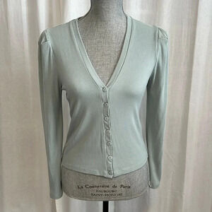 V Neck Button Top Puff Sleeve, Size  M
